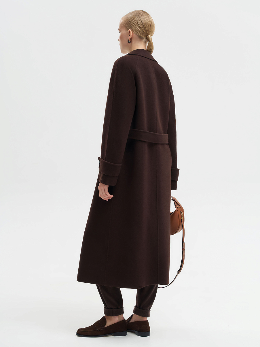 Шерстяное двубортное пальто с поясом