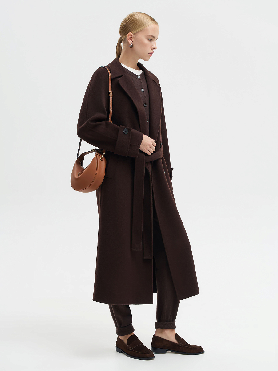 Шерстяное двубортное пальто с поясом