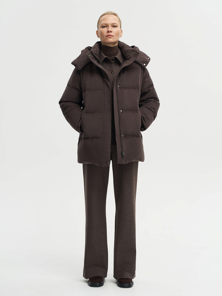 Пуховик удлиненный из мериноса и шелка