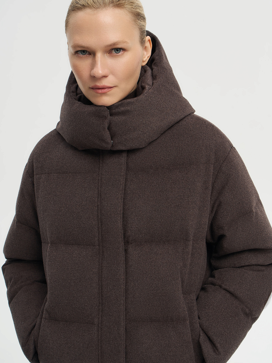 Пуховик удлиненный из мериноса и шелка