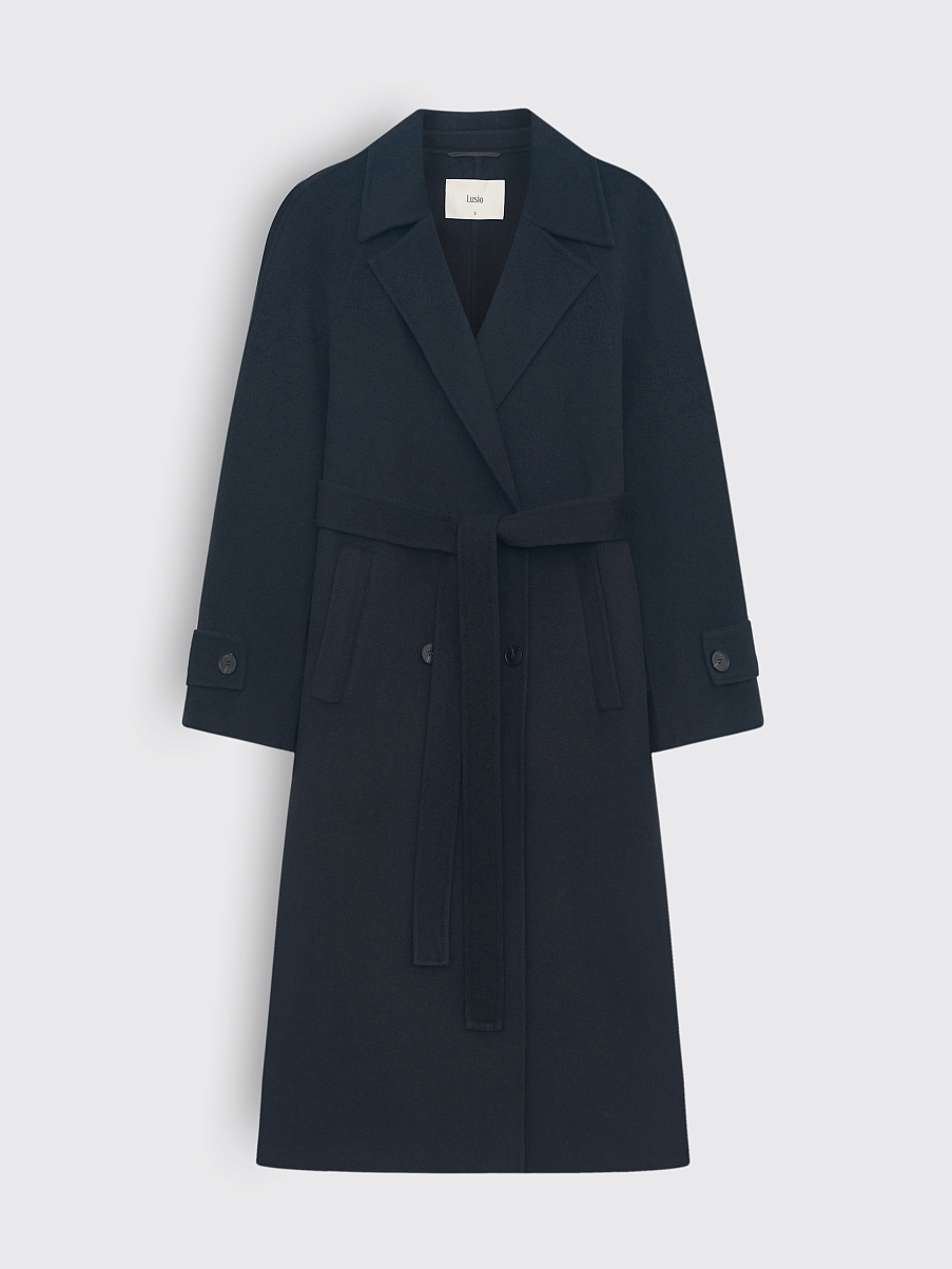 Шерстяное двубортное пальто с поясом
