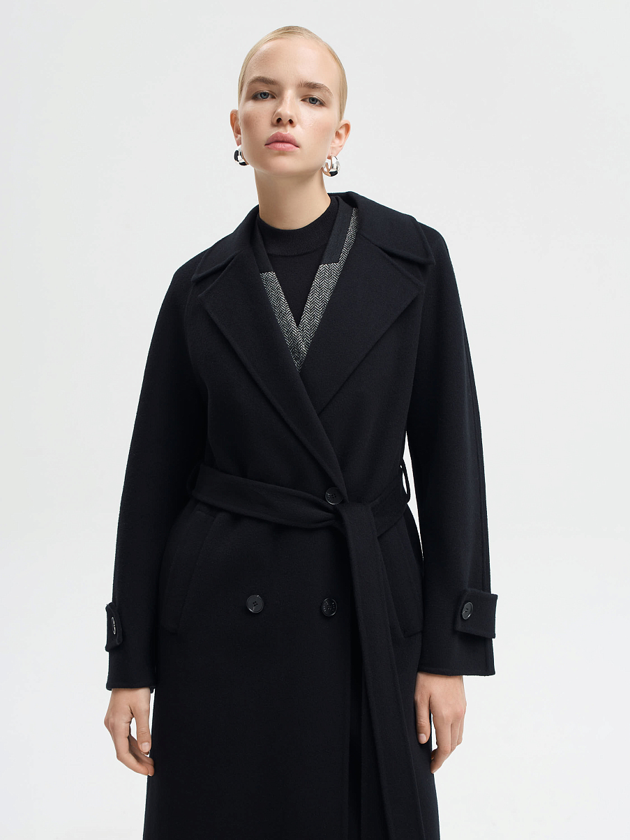 Шерстяное двубортное пальто с поясом