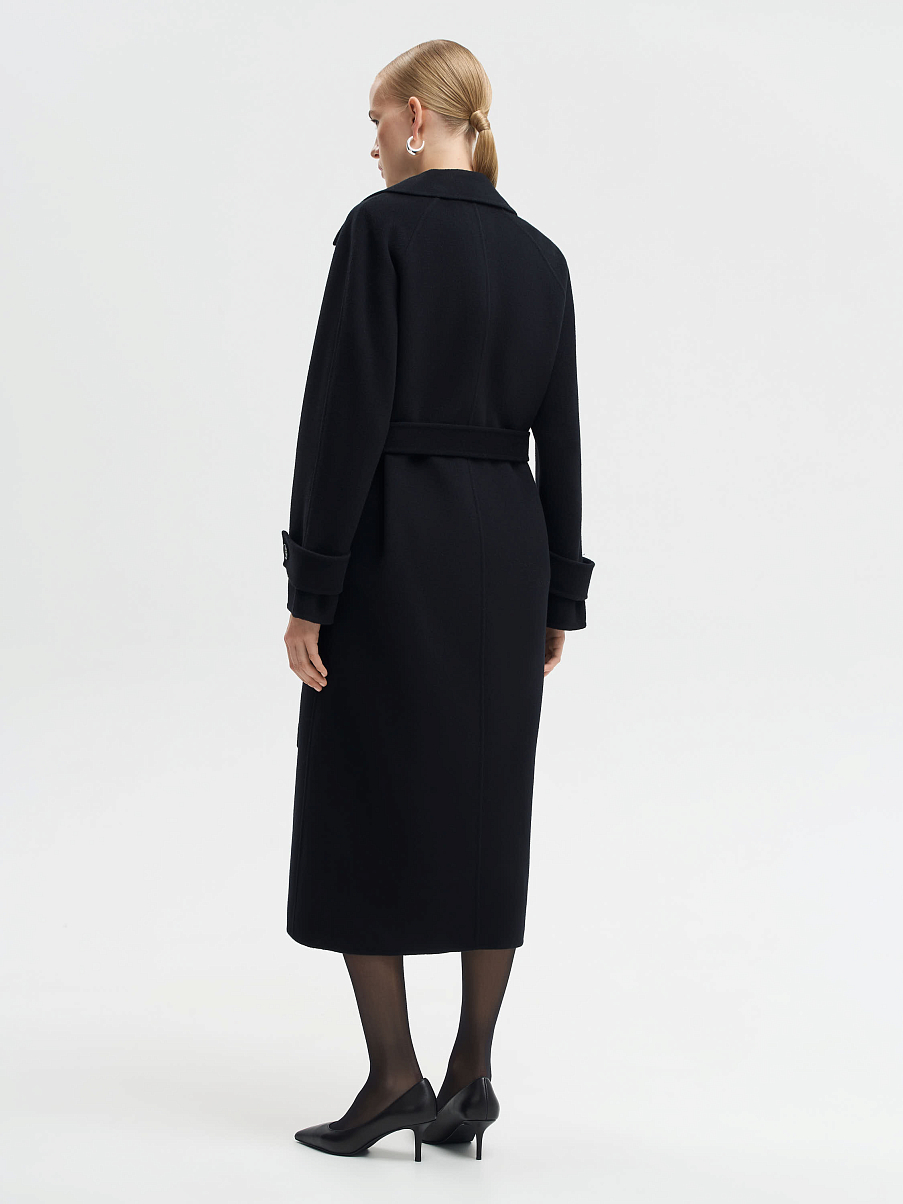 Шерстяное двубортное пальто с поясом