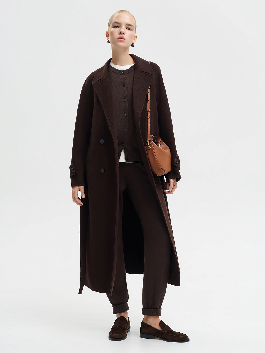 Шерстяное двубортное пальто с поясом
