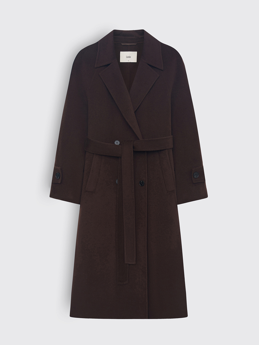 Шерстяное двубортное пальто с поясом
