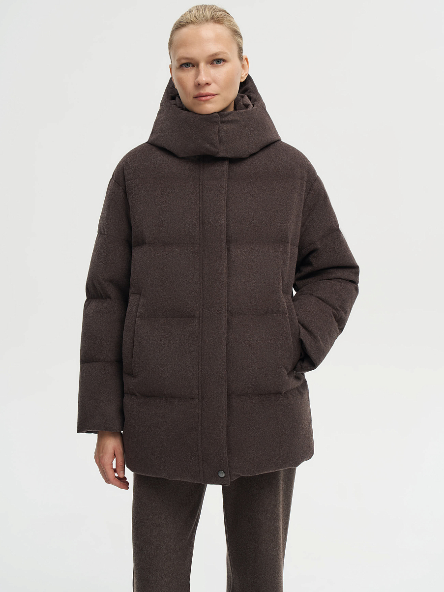 Пуховик удлиненный из мериноса и шелка