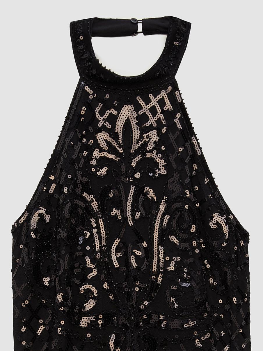 Платье мини с воротом халтер и пайетками